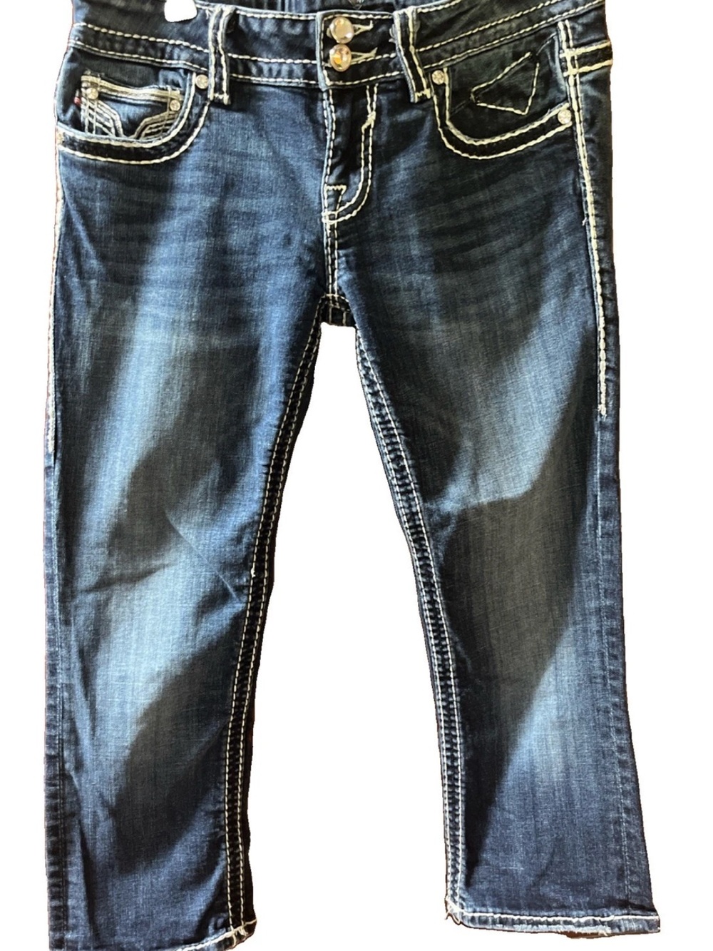 Vigoss The Dublin Women's Blue Denim Embroidered Rhinestone Capri Jeans Sz 5